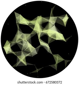 Abstract colorful wireframe structure forming a geometric pattern on a round black background. Network connection between dots and lines