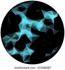 Abstract colorful wireframe structure forming a geometric pattern on a round black background. Network connection between dots and lines