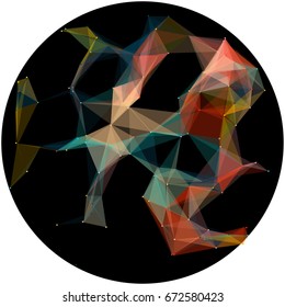 Abstract colorful wireframe structure forming a geometric pattern on a round black background. Network connection between dots and lines