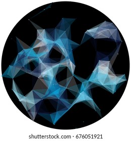 Abstract colorful wireframe structure forming a geometric pattern on a round black background. Network connection between dots and lines. Vector illustration of a complex plexus effect