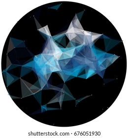 Abstract colorful wireframe structure forming a geometric pattern on a round black background. Network connection between dots and lines. Vector illustration of a complex plexus effect