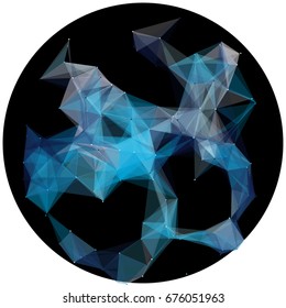 Abstract colorful wireframe structure forming a geometric pattern on a round black background. Network connection between dots and lines. Vector illustration of a complex plexus effect