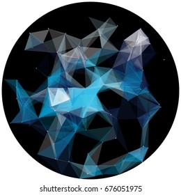 Abstract colorful wireframe structure forming a geometric pattern on a round black background. Network connection between dots and lines. Vector illustration of a complex plexus effect