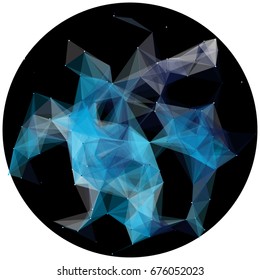 Abstract colorful wireframe structure forming a geometric pattern on a round black background. Network connection between dots and lines. Vector illustration of a complex plexus effect