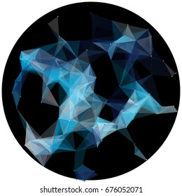 Abstract colorful wireframe structure forming a geometric pattern on a round black background. Network connection between dots and lines. Vector illustration of a complex plexus effect