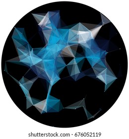 Abstract colorful wireframe structure forming a geometric pattern on a round black background. Network connection between dots and lines. Vector illustration of a complex plexus effect