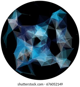 Abstract colorful wireframe structure forming a geometric pattern on a round black background. Network connection between dots and lines. Vector illustration of a complex plexus effect