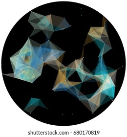 Abstract colorful wireframe structure forming a geometric pattern on a round black background. Network connection between dots and lines Complex plexus formation