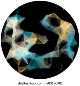Abstract colorful wireframe structure forming a geometric pattern on a round black background. Network connection between dots and lines Complex plexus formation