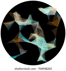 Abstract colorful wireframe structure forming a geometric pattern on a round black background. Network connection between dots and lines. Vector illustration of a complex plexus effect