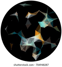 Abstract colorful wireframe structure forming a geometric pattern on a round black background. Network connection between dots and lines. Vector illustration of a complex plexus effect