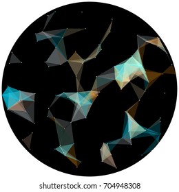Abstract colorful wireframe structure forming a geometric pattern on a round black background. Network connection between dots and lines. Vector illustration of a complex plexus effect