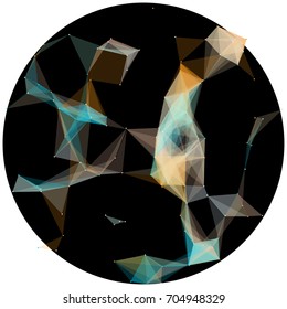 Abstract colorful wireframe structure forming a geometric pattern on a round black background. Network connection between dots and lines. Vector illustration of a complex plexus effect