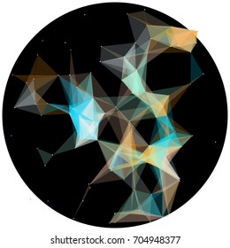 Abstract colorful wireframe structure forming a geometric pattern on a round black background. Network connection between dots and lines. Vector illustration of a complex plexus effect