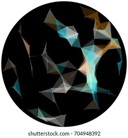 Abstract colorful wireframe structure forming a geometric pattern on a round black background. Network connection between dots and lines. Vector illustration of a complex plexus effect