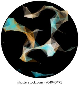 Abstract colorful wireframe structure forming a geometric pattern on a round black background. Network connection between dots and lines. Vector illustration of a complex plexus effect