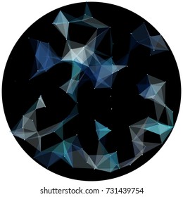 Abstract colorful wireframe structure forming a geometric pattern on a round black background. Network connection between dots and lines. Vector illustration of a complex plexus effect