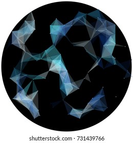 Abstract colorful wireframe structure forming a geometric pattern on a round black background. Network connection between dots and lines. Vector illustration of a complex plexus effect