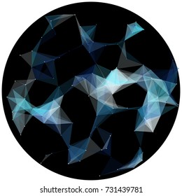 Abstract colorful wireframe structure forming a geometric pattern on a round black background. Network connection between dots and lines. Vector illustration of a complex plexus effect