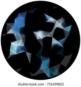 Abstract colorful wireframe structure forming a geometric pattern on a round black background. Network connection between dots and lines. Vector illustration of a complex plexus effect