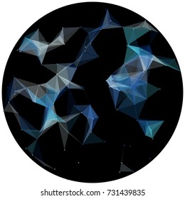 Abstract colorful wireframe structure forming a geometric pattern on a round black background. Network connection between dots and lines. Vector illustration of a complex plexus effect