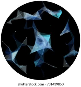 Abstract colorful wireframe structure forming a geometric pattern on a round black background. Network connection between dots and lines. Vector illustration of a complex plexus effect