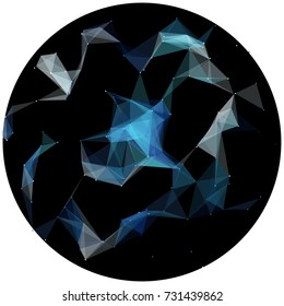 Abstract colorful wireframe structure forming a geometric pattern on a round black background. Network connection between dots and lines. Vector illustration of a complex plexus effect