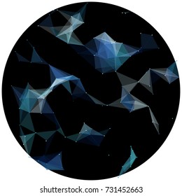 Abstract colorful wireframe structure forming a geometric pattern on a round black background. Network connection between dots and lines. Vector illustration of a complex plexus effect