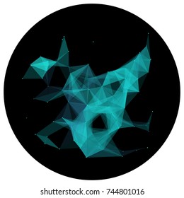 Abstract colorful wireframe structure forming a geometric pattern on a round black background. Network connection between dots and lines. Vector illustration of a complex plexus effect