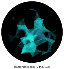 Abstract colorful wireframe structure forming a geometric pattern on a round black background. Network connection between dots and lines. Vector illustration of a complex plexus effect