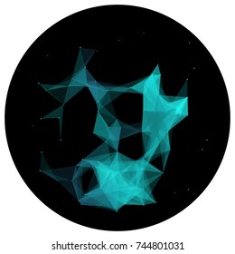 Abstract colorful wireframe structure forming a geometric pattern on a round black background. Network connection between dots and lines. Vector illustration of a complex plexus effect