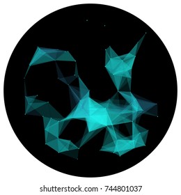 Abstract colorful wireframe structure forming a geometric pattern on a round black background. Network connection between dots and lines. Vector illustration of a complex plexus effect