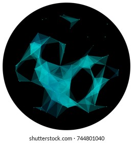 Abstract colorful wireframe structure forming a geometric pattern on a round black background. Network connection between dots and lines. Vector illustration of a complex plexus effect