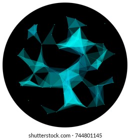 Abstract colorful wireframe structure forming a geometric pattern on a round black background. Network connection between dots and lines. Vector illustration of a complex plexus effect
