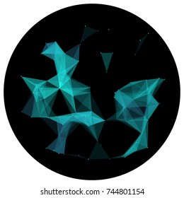 Abstract colorful wireframe structure forming a geometric pattern on a round black background. Network connection between dots and lines. Vector illustration of a complex plexus effect