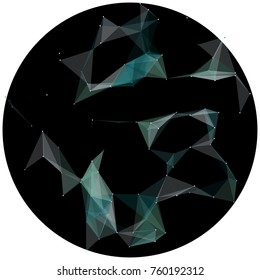 Abstract colorful wireframe structure forming a geometric pattern on a round black background. Network connection between dots and lines. Vector illustration of a complex plexus effect