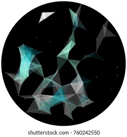 Abstract colorful wireframe structure forming a geometric pattern on a round black background. Network connection between dots and lines. Vector illustration of a complex plexus effect