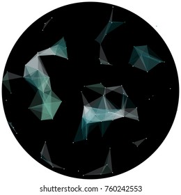 Abstract colorful wireframe structure forming a geometric pattern on a round black background. Network connection between dots and lines. Vector illustration of a complex plexus effect