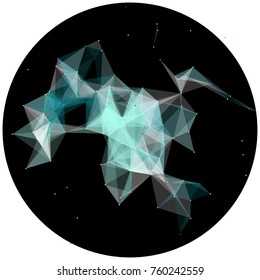 Abstract colorful wireframe structure forming a geometric pattern on a round black background. Network connection between dots and lines. Vector illustration of a complex plexus effect