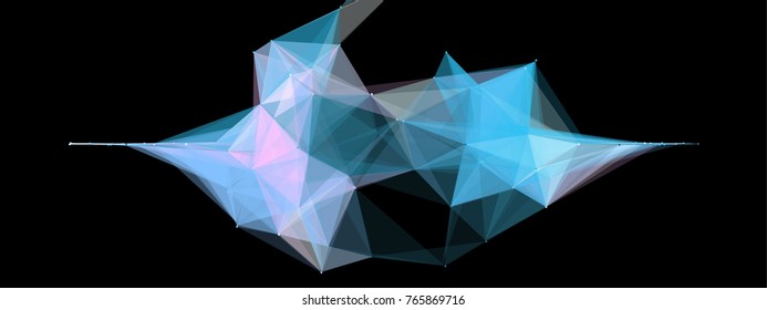 Abstract colorful wireframe structure forming a geometric pattern on a black background. Network connection between dots and lines. Vector illustration in low poly style