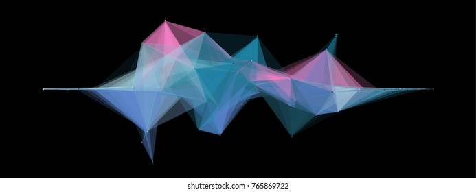 Abstract colorful wireframe structure forming a geometric pattern on a black background. Network connection between dots and lines. Vector illustration in low poly style