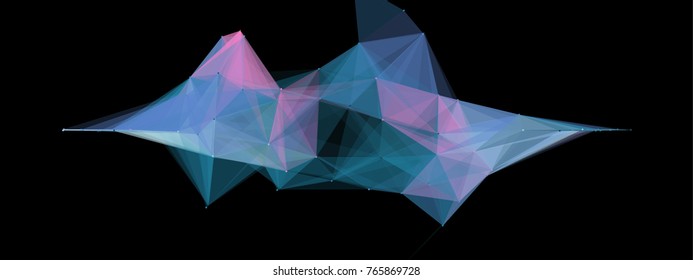 Abstract colorful wireframe structure forming a geometric pattern on a black background. Network connection between dots and lines. Vector illustration in low poly style