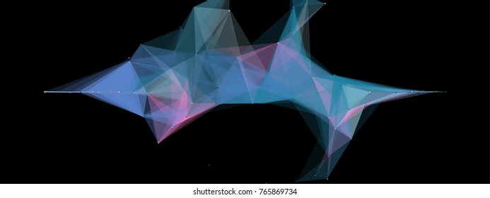 Abstract colorful wireframe structure forming a geometric pattern on a black background. Network connection between dots and lines. Vector illustration in low poly style