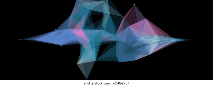 Abstract colorful wireframe structure forming a geometric pattern on a black background. Network connection between dots and lines. Vector illustration in low poly style