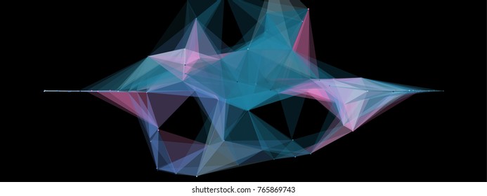 Abstract colorful wireframe structure forming a geometric pattern on a black background. Network connection between dots and lines. Vector illustration in low poly style