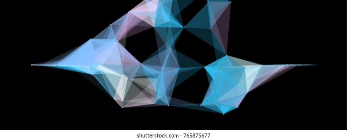 Abstract colorful wireframe structure forming a geometric pattern on a black background. Network connection between dots and lines. Vector illustration in low poly style