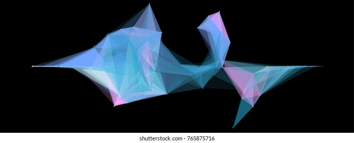 Abstract colorful wireframe structure forming a geometric pattern on a black background. Network connection between dots and lines. Vector illustration in low poly style