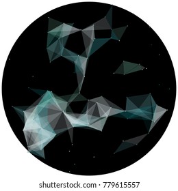 Abstract colorful wireframe structure forming a geometric pattern on a round black background. Network connection between dots and lines. Vector illustration of a complex plexus effect