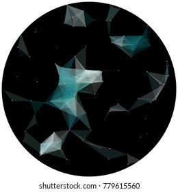 Abstract colorful wireframe structure forming a geometric pattern on a round black background. Network connection between dots and lines. Vector illustration of a complex plexus effect