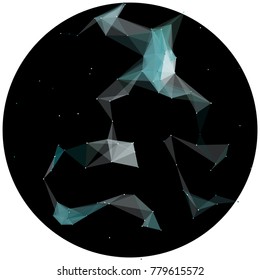 Abstract colorful wireframe structure forming a geometric pattern on a round black background. Network connection between dots and lines. Vector illustration of a complex plexus effect